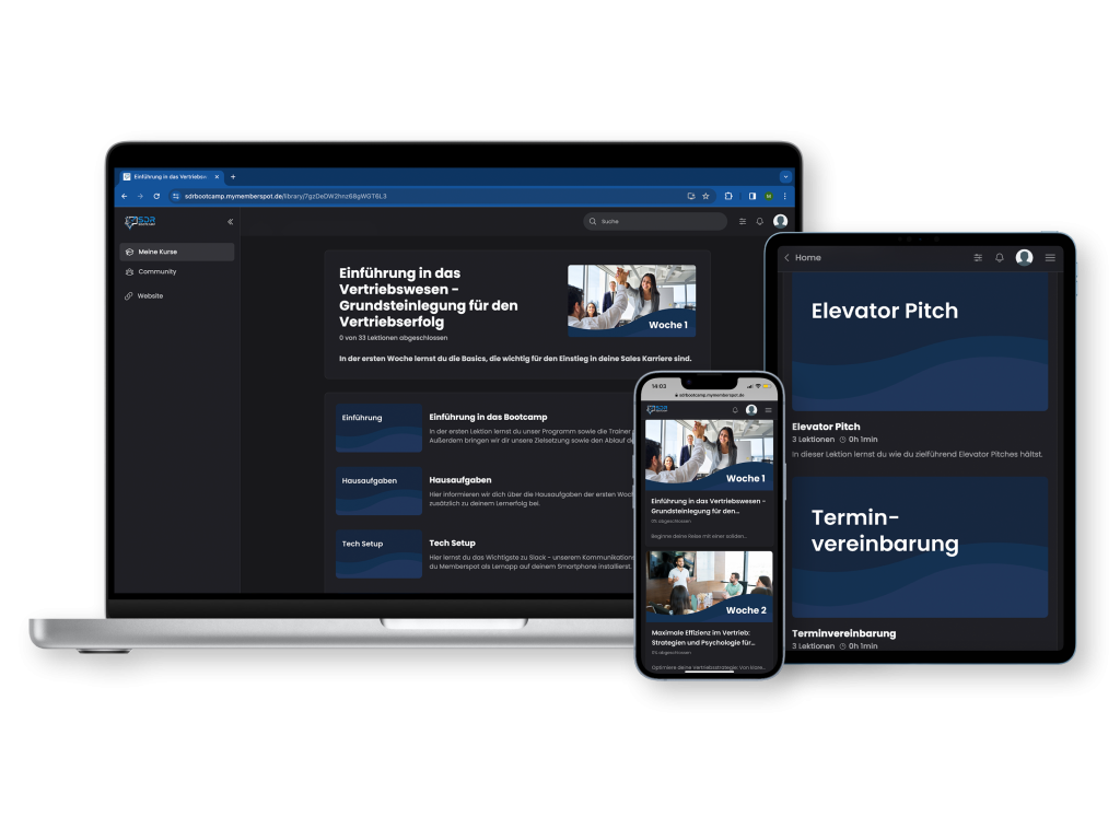 The SDR Bootcamp learning platform on laptop, tablet and smartphone